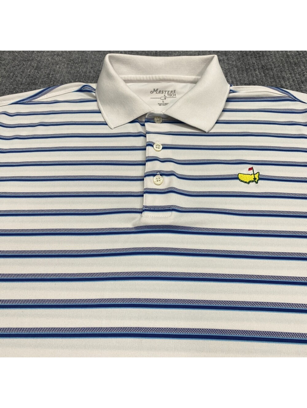 Masters Tech Performance Polo Shirt‎ Mens L Blue White Striped Augusta Logo Golf